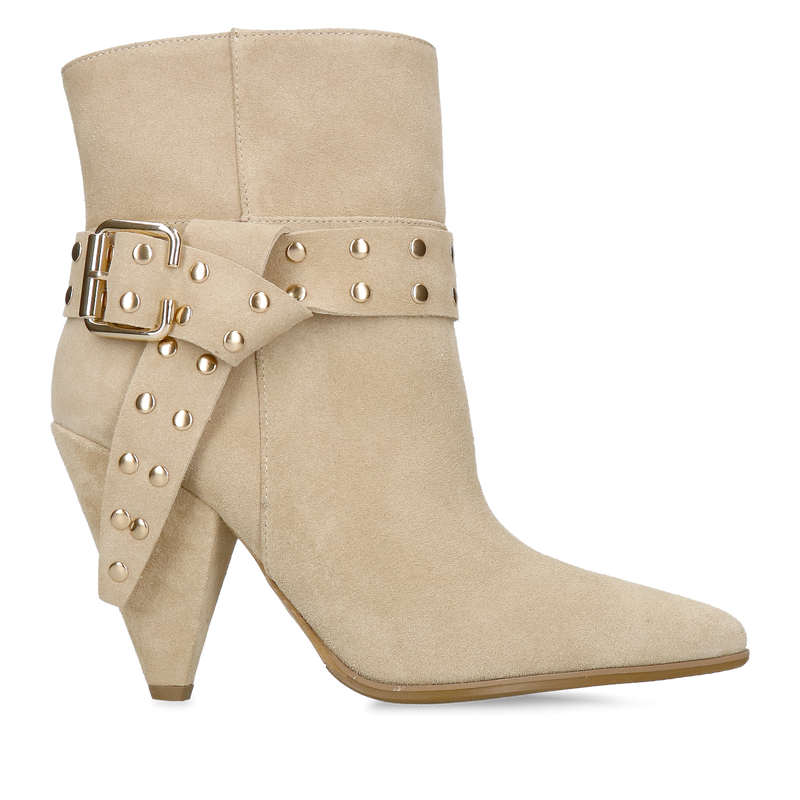 Welurowe botki damskie w kolorze beżowym, botki damskie typu tuba bez zamka z odpinaną ozdobą