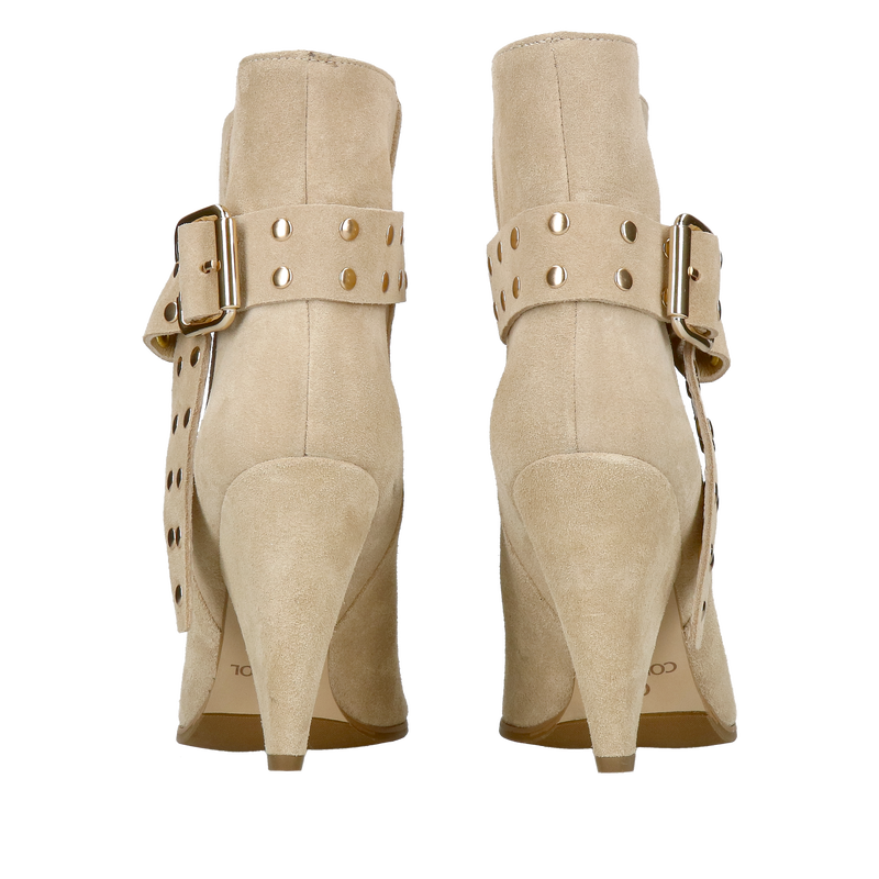 Welurowe botki damskie w kolorze beżowym, botki damskie typu tuba bez zamka z odpinaną ozdobą