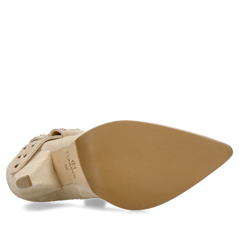 Welurowe botki damskie w kolorze beżowym, botki damskie typu tuba bez zamka z odpinaną ozdobą