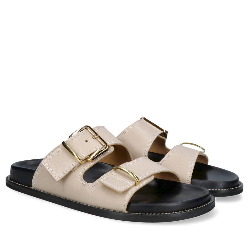 Modne klapki damskie z dwoma paskami i eleganckimi złotymi sprzączkami