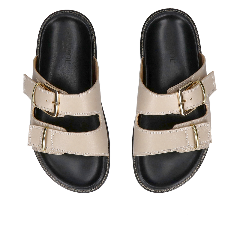 Modne klapki damskie z dwoma paskami i eleganckimi złotymi sprzączkami