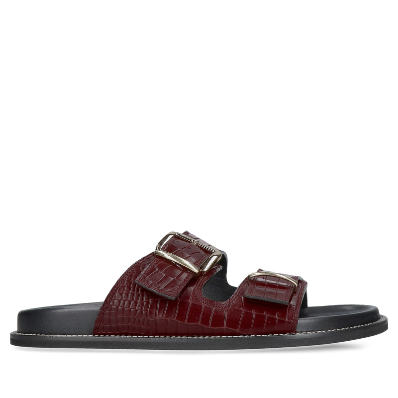 Eleganckie bordowe klapki z dwoma paskami, wykonane ze skóry imitacji krokodyla, Conhpol, Konopka Shoes, CC0012-02