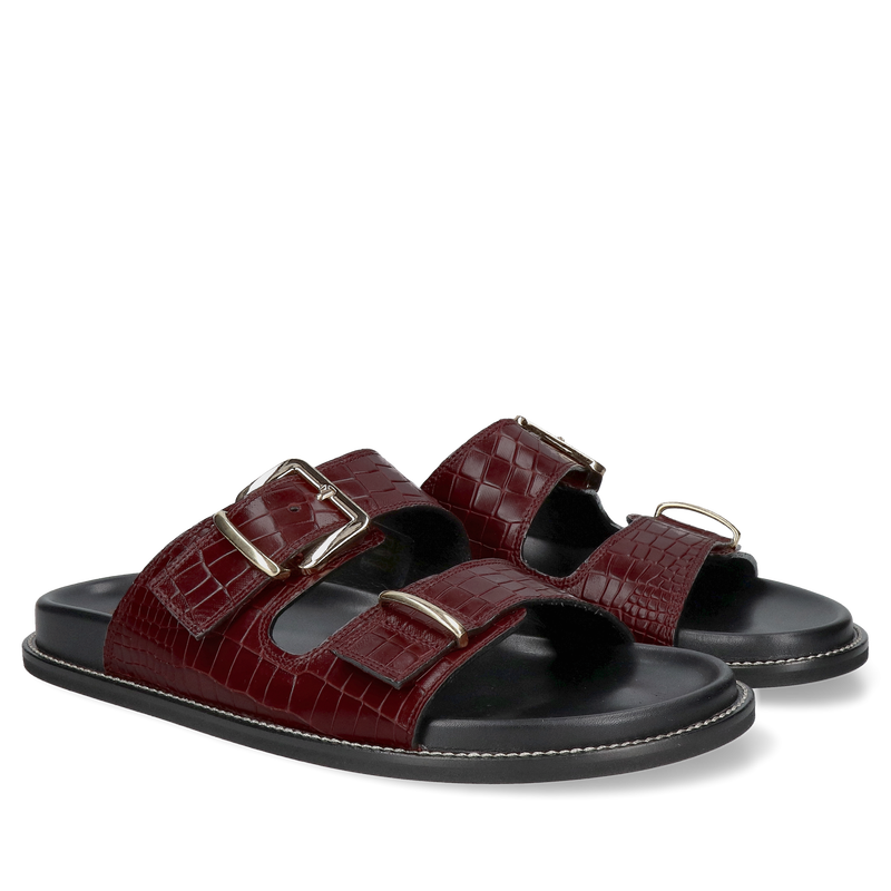 Eleganckie bordowe klapki z dwoma paskami, wykonane ze skóry imitacji krokodyla, Conhpol, Konopka Shoes, CC0012-02