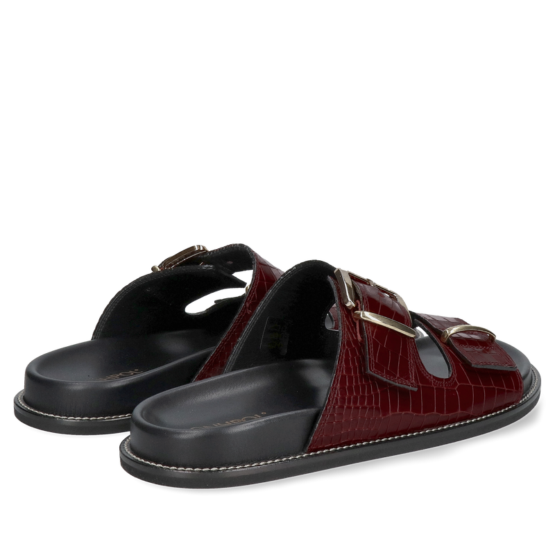 Eleganckie bordowe klapki z dwoma paskami, wykonane ze skóry imitacji krokodyla, Conhpol, Konopka Shoes, CC0012-02