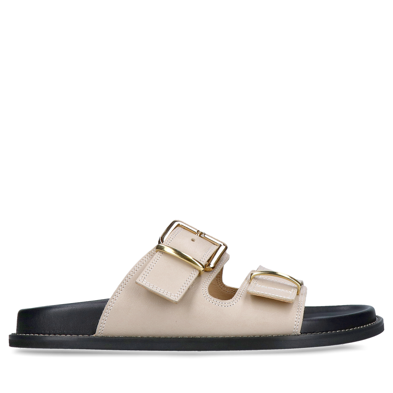 Modne klapki damskie z dwoma paskami i eleganckimi złotymi sprzączkami