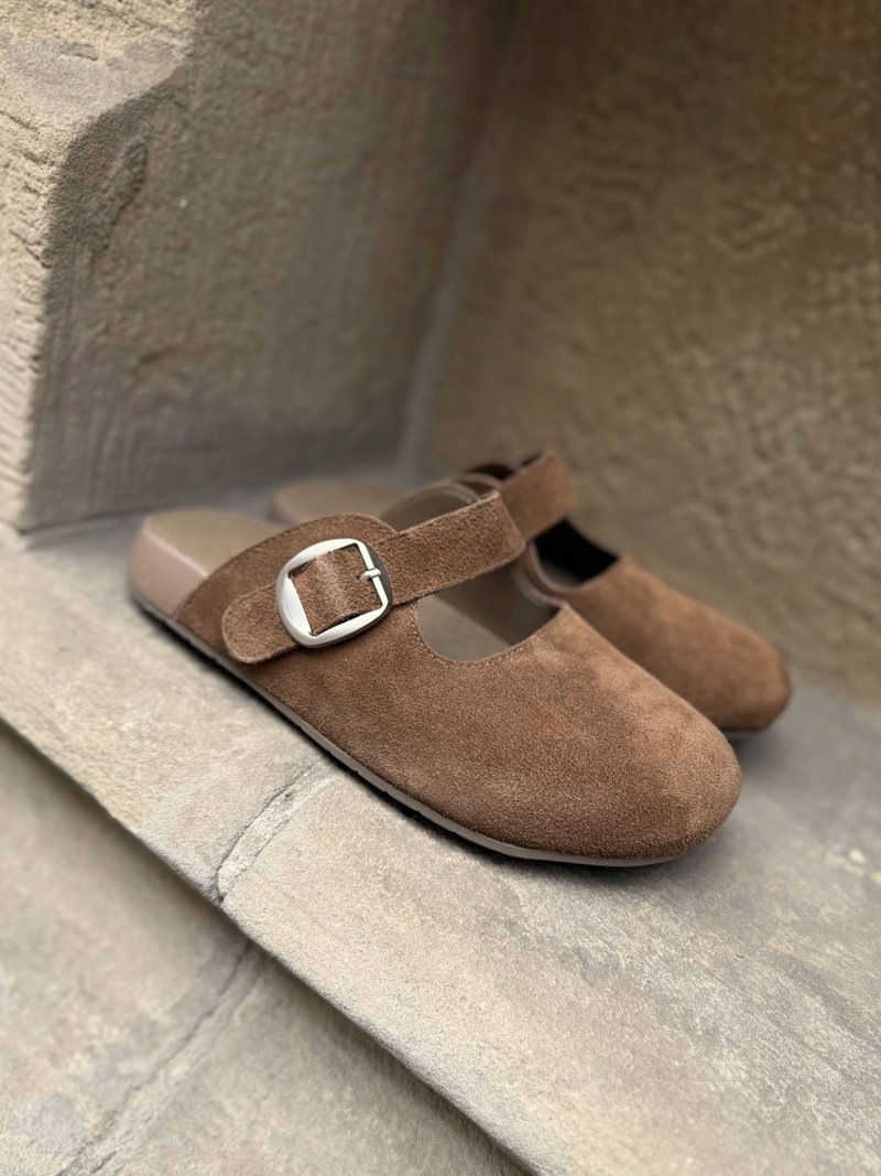 Damskie klapki mule z zakrytymi palcami ze skóry zamszowej, wygodne klapki na grubej podeszwie