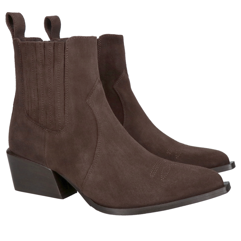 Oryginalne kowbojki damskie w kolorze czekoladowym, botki kowbojki brązowe z elastycznymi gumami po bokach