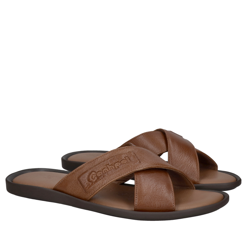 Brązowe klapki męskie ze skóry naturalnej, komfortowa wkładka i grube miękkie paski skórzane