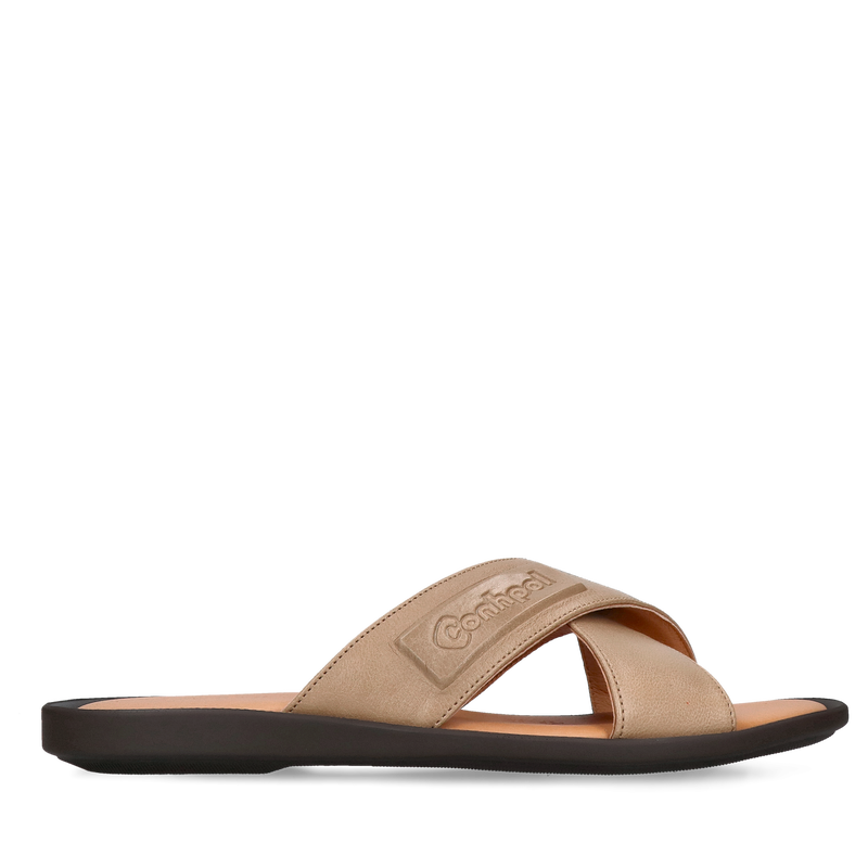 Lekkie i miękkie klapki męskie w kolorze beżowym, klapki męskie z grubymi paskami skórzanymi