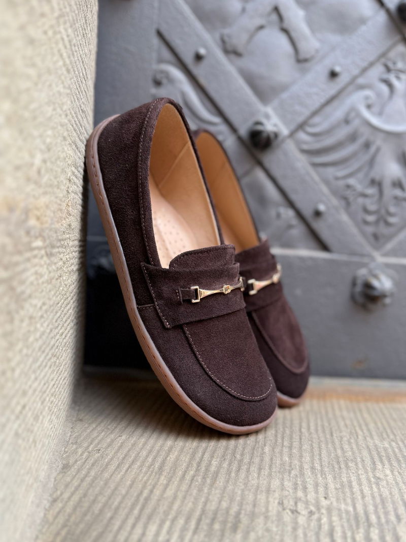 Eleganckie buty barefoot damskie w miękkiej skórze zamszowej, obuwie barefoot loafersy