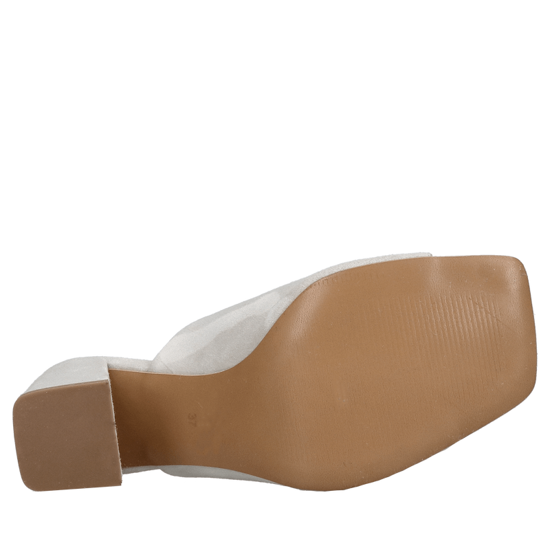 Klapki damskie na obcasie z kwadratowym przodem, modne klapki popielate ze skóry zamszowej