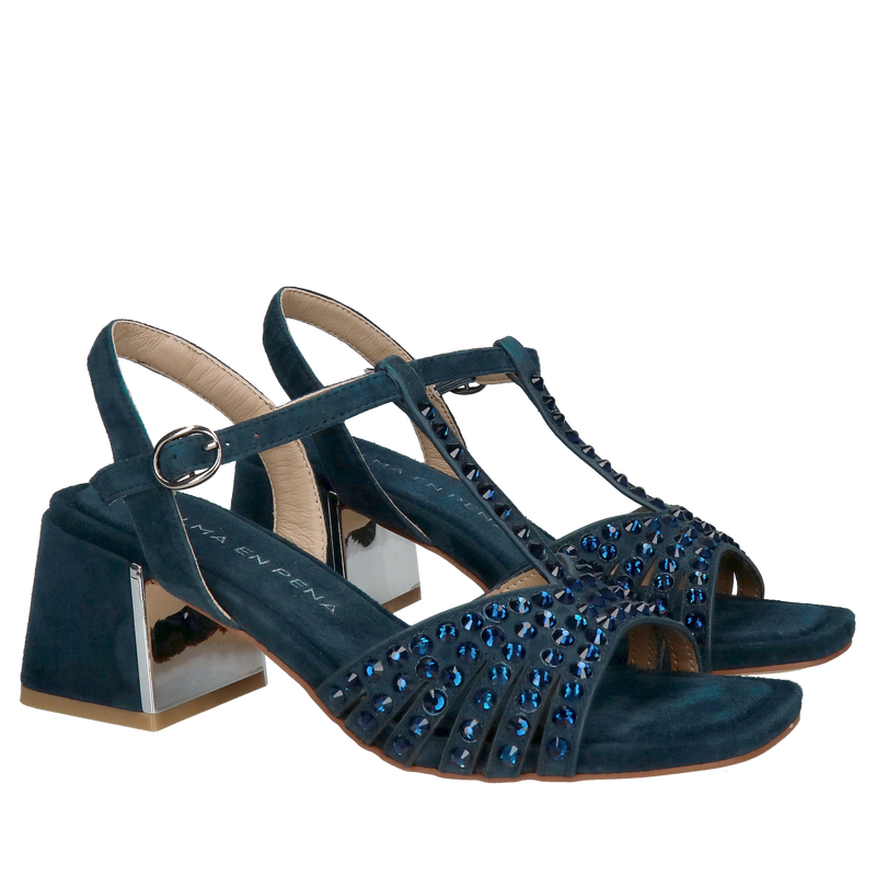 Sandały letnie Alma en Pana z granatowego zamszu, piękne sandały na klocku wygodne z miękką wkładką