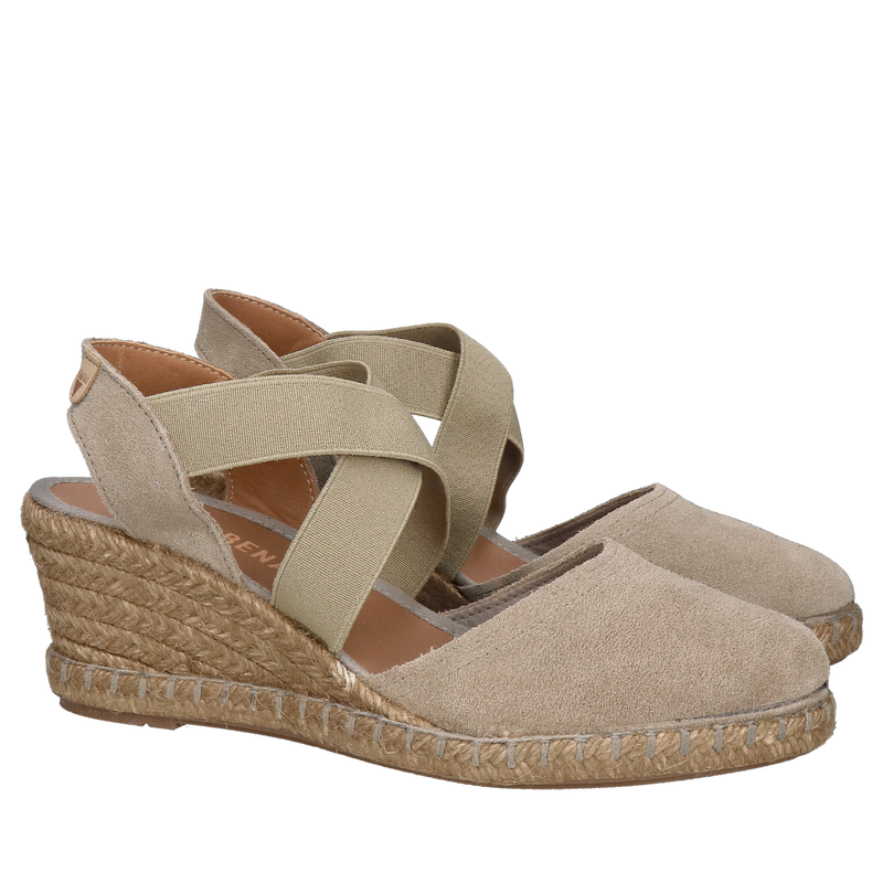 Letnie beżowe damskie espadryle ze skóry zamszowej na koturnie