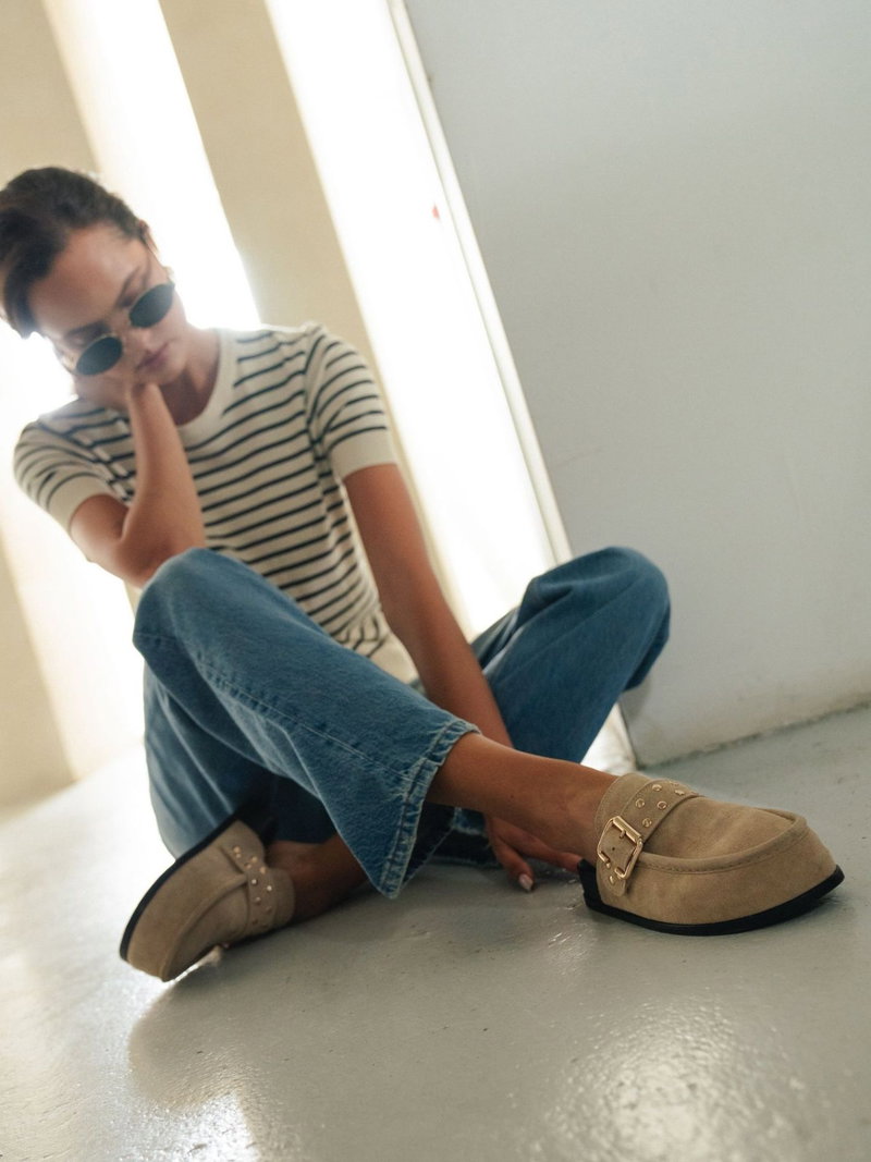 Mule damskie premium ze skóry welurowej, damskie klapki beżowe z zakrytymi palcami na grubej podeszwie