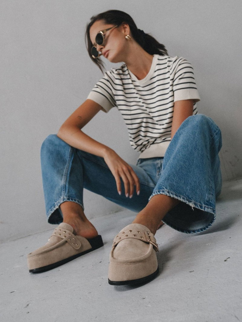 Mule damskie premium ze skóry welurowej, damskie klapki beżowe z zakrytymi palcami na grubej podeszwie