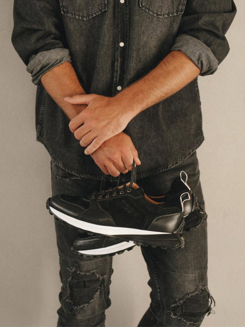 Męskie sneakersy z czarnego zamszu połączone skórą licową, wygodne buty męskie smart casual