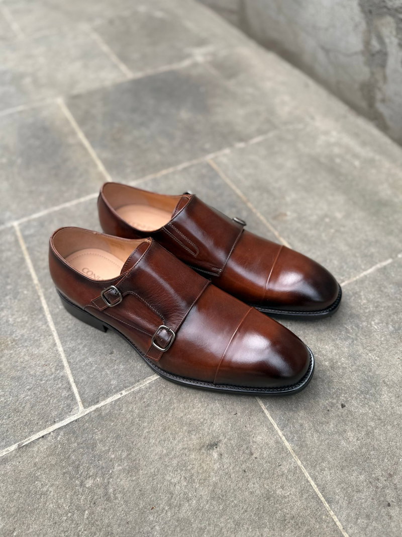Eleganckie męskie monki brązowe od Conhpol, obuwie monk ze skóry bydlęcej premium