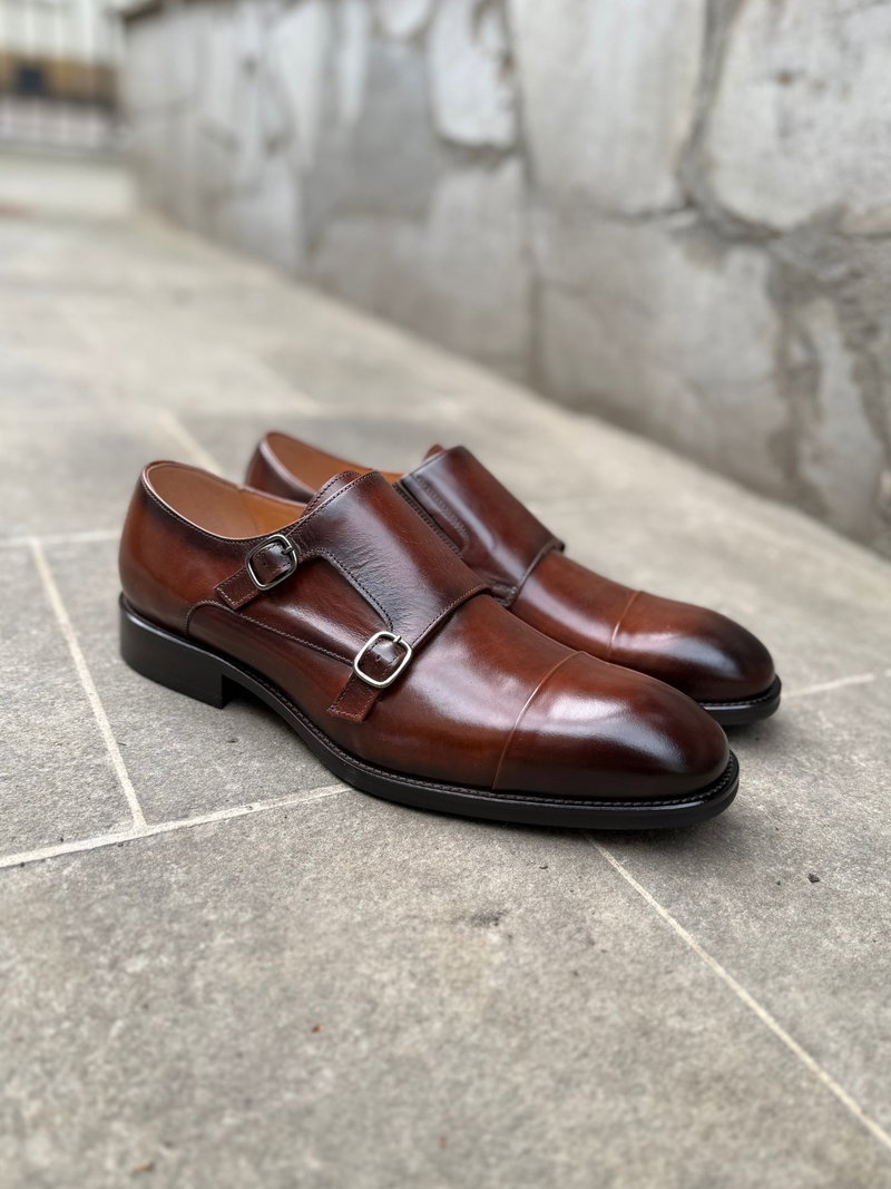 Eleganckie męskie monki brązowe od Conhpol, obuwie monk ze skóry bydlęcej premium