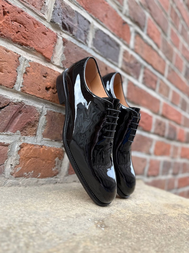 Eleganckie męskie lakierki oxford na skórzanej podeszwie premium, wizytowe męskie buty lakierowane