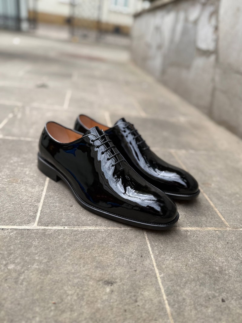 Eleganckie męskie lakierki oxford na skórzanej podeszwie premium, wizytowe męskie buty lakierowane
