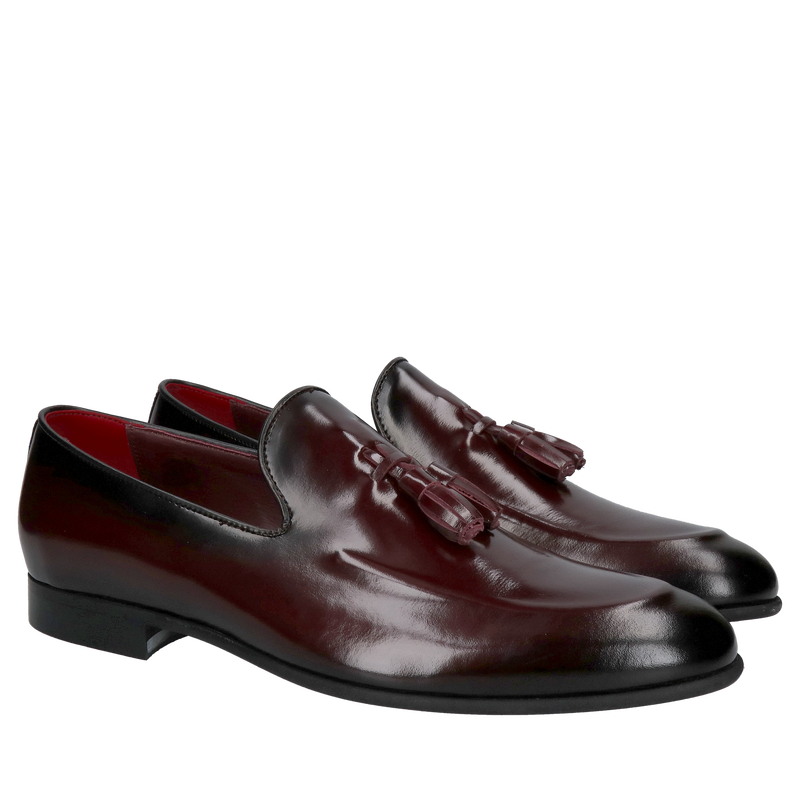 Bordowe męskie loafersy ze skóry naturalnej, eleganckie wsuwane obuwie