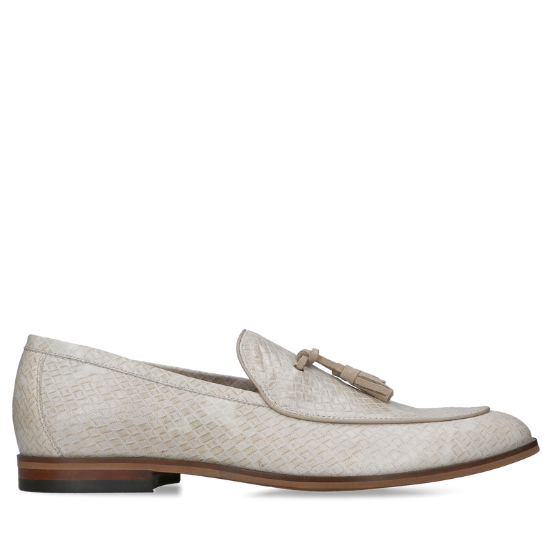 Męskie loafersy beżowe ze skóry naturalnej, eleganckie wsuwane obuwie do jasnego ganituru