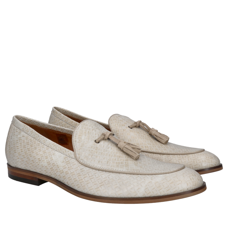 Męskie loafersy beżowe ze skóry naturalnej, eleganckie wsuwane obuwie do jasnego ganituru