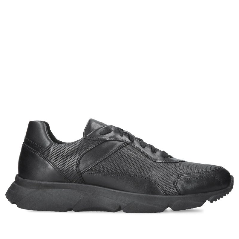 Męskie stylowe sneakersy czarne na grubej czarnej podeszwie, buty męskie sportowe ze skóry naturalnej