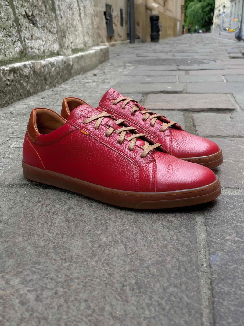 Męskie czerwone buty ze skóry naturalnej, sneakersy męskie wygodne i miękkie