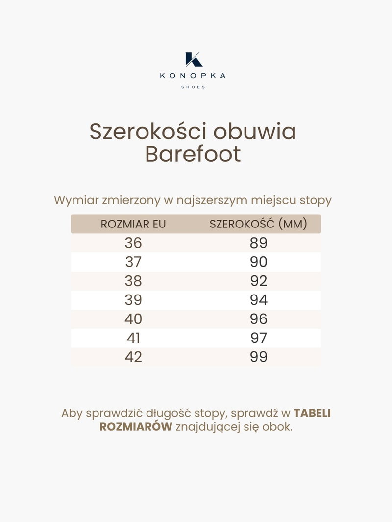 Tabela rozmiarów Barefoot, szerokości barefoot, tabela szerokości obuwia barefoot Konopka Shoes
