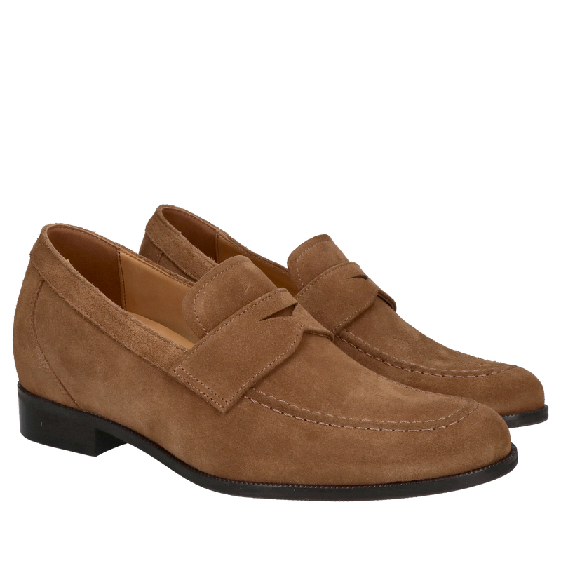 Podwyższające zamszowe loafersy brązowe, wsuwane buty podwyższajace, Conhpol, Konopka Shoes