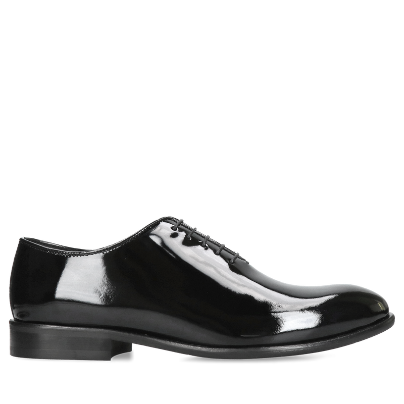 Męskie czarne lakierki do ślubu, buty lakierowane do fraku. Eleganckie męskie lotniki ze skóry lakier