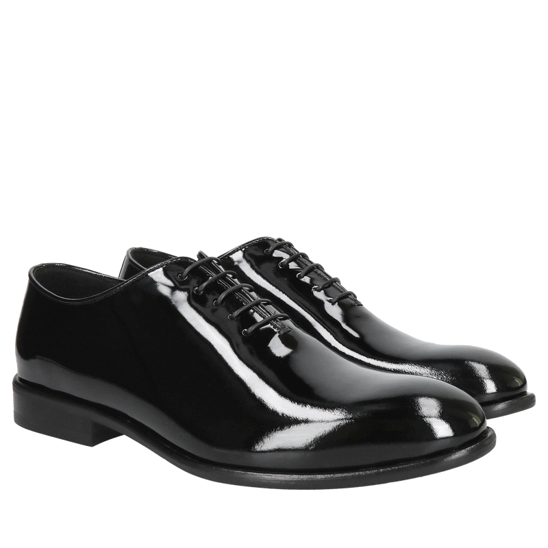 Męskie czarne lakierki do ślubu, buty lakierowane do fraku. Eleganckie męskie lotniki ze skóry lakier