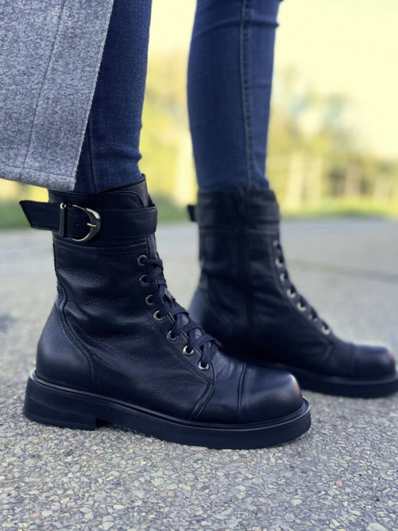 Botki damskie ocieplane, zimowe, workery czarne ze skóry licowej, glany, trzewiki,Konopka Shoes